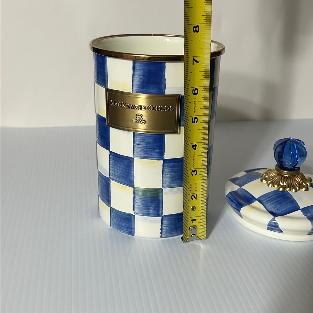 MacKenzie-Childs Royal Blue Check Large Canister Enamelware Kitchen Storage - Picture 7 of 8